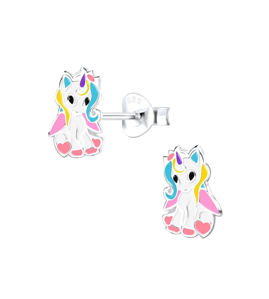 Boucles d'oreilles licorne multicolore en argent pour fille