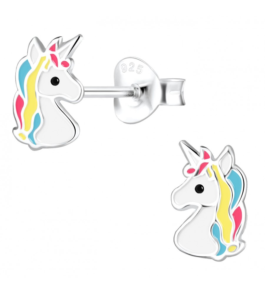 Boucles d'oreilles licornes en argent 925 crinière multicolore